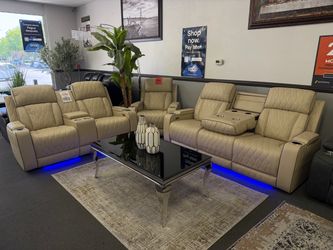 Cream Leather Power Reclining Sofa Set