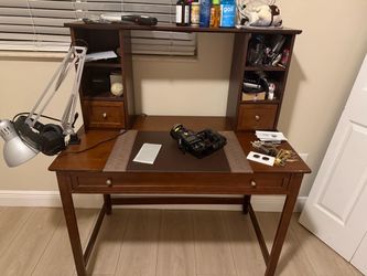 Wood Writing Desk with Hutch and Drawers