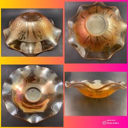 VTG Jeannette Glass Floragold Iris & Herringbone Ruffled Bowl Carnival Iridescent MCM 1950s