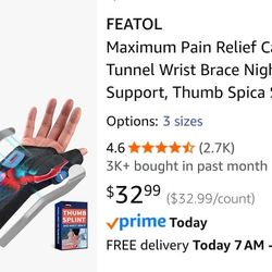 FEATOL Carpal Tunnel Wrist Brace Night Support, Thumb Spica Splint Right Hand for De Quervains Tenosynovitis, Tendonitis, Wrist Brace With Thumb Suppo