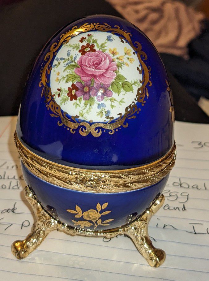 Beautiful Vintage/Antique Cobalt Blue Music Box Egg