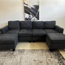 Gray 4-Seater Sectional Sofa with 2 Ottomans