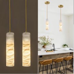 Eccuslon Natural Alabaster Pendant Light Fixture, Modern Marble Kitchen Island Lamp (E12 Bulb - 2 Pack)