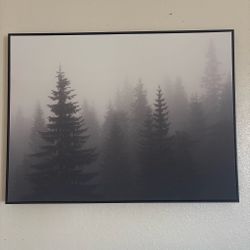 Modern Black & White Foggy Forest Framed Wall Art – Large