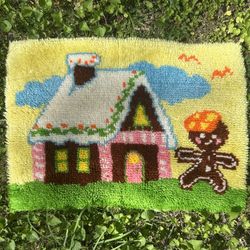 Vintage Latch Hook Rug Gingerbread Man & House 29”x21”