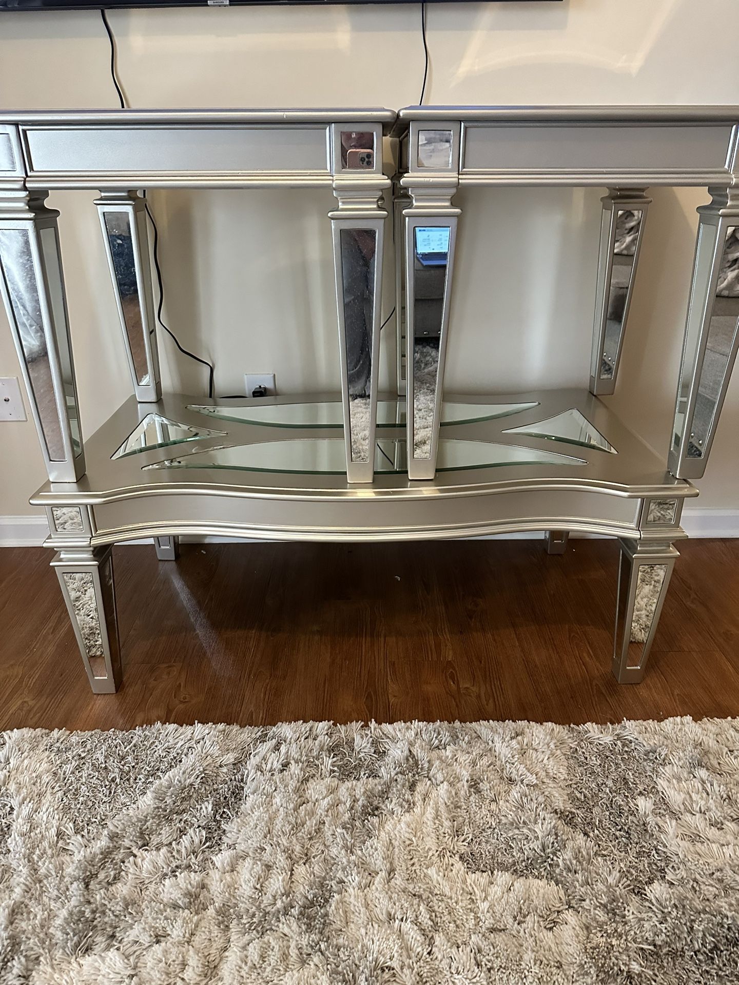 Grey Mirrored Living Room Tables: 2 end tables and 1 coffee table.