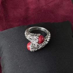 Carved Floral Ring Silver 925 Red Stone Size 7