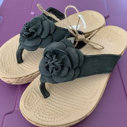 Crocs Thong Leather Strap Wedge Sandals