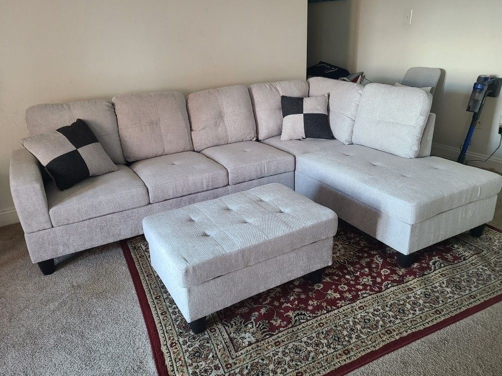 Brand New Box Gray Linen Sectional With Storage Ottoman And Pillows