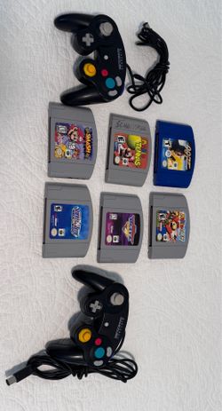 Nintendo 64 games and controllers.