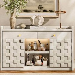 Modern Wood Coffee Bar with Drawers & Door Rack, Large Accent Storage 