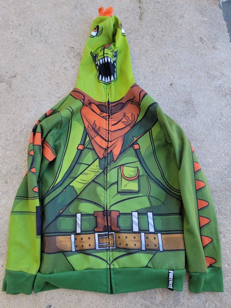 Boys' Fortnite Rex dinosaur Costume Fleece Zip Up Sweatshirt - Green/Orange - XL