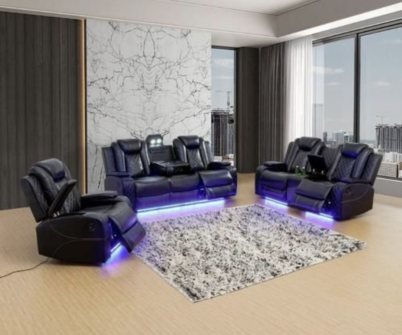 Power Electric Black Leather Fully Reclining Couch Set