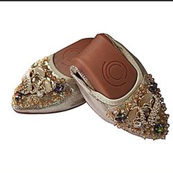 gold, rhinestone-embellished ballet flats or dress shoes, likely intended for special occasions or formal wear.
