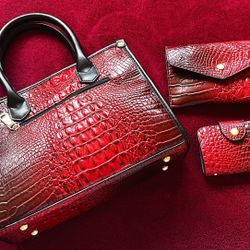 Red Croc-Embossed Handbag Set – 3 Piece Matching Collection