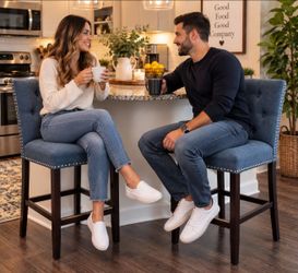 Set of 2 Blue Upholstered Bar Stools
