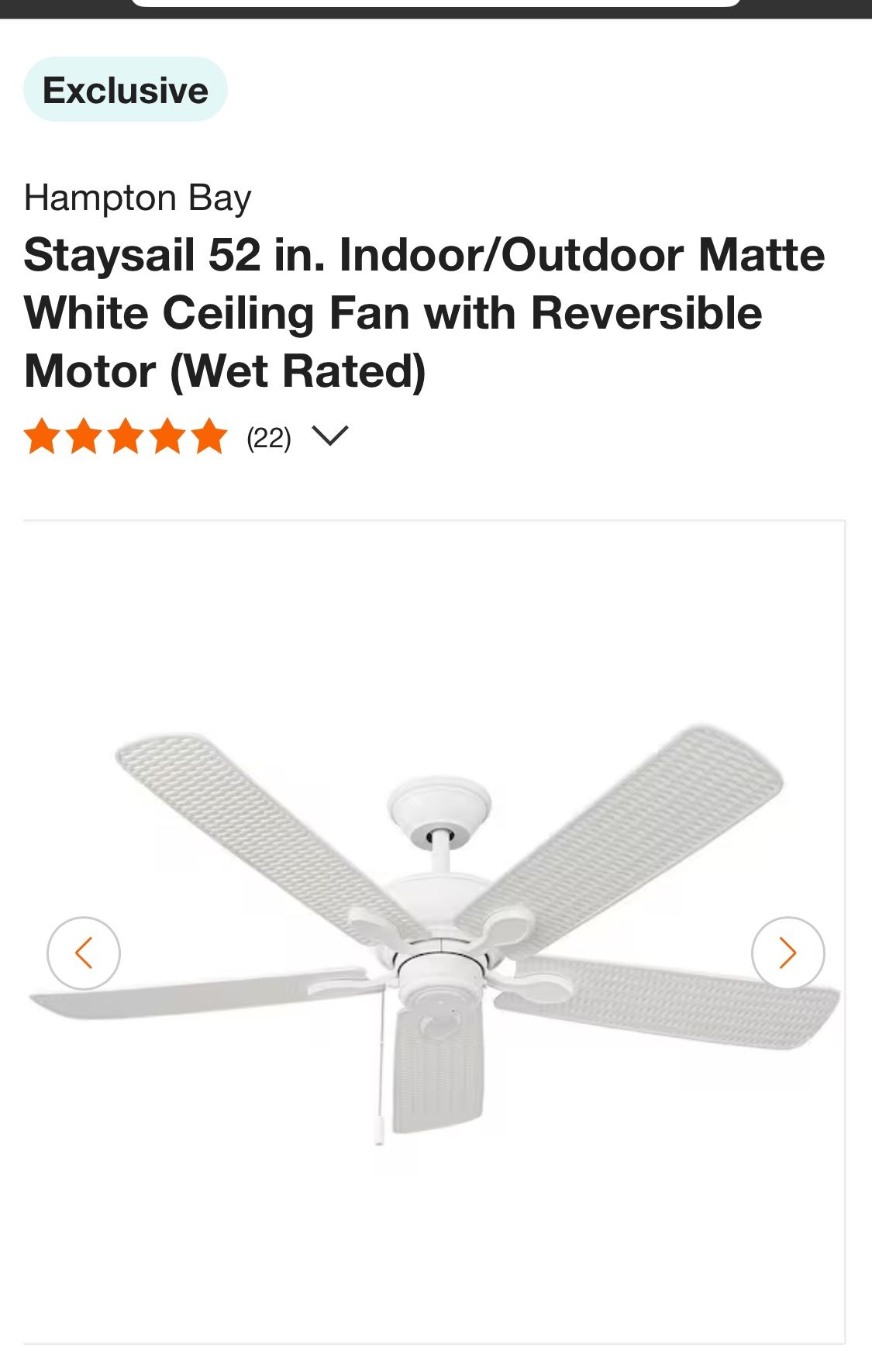 Hampton Bay 52 In Indoor/outdoor Ceiling Fan Matte White