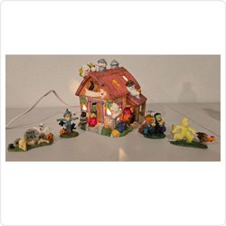 Vintage Halloween Village Lighted Red Barn Farmhouse Set w/ Figurines & Box