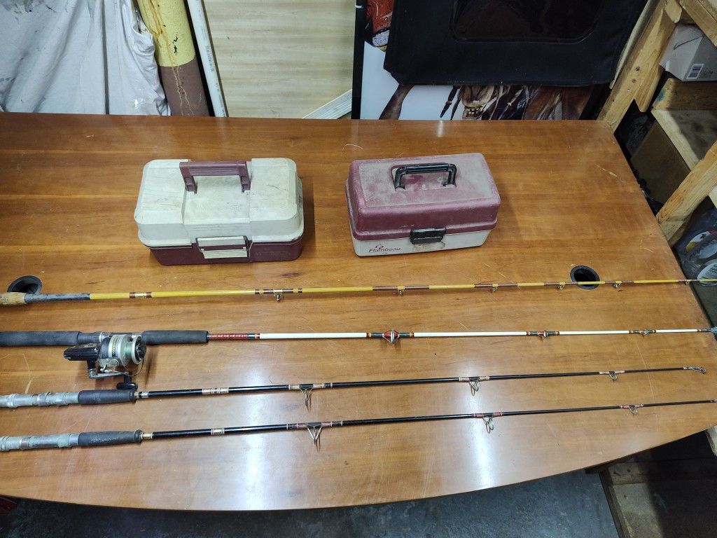 Vintage Fishing Poles And Boxes