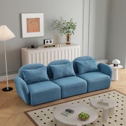 94" Teddy Couch for Living Room 3 Seat Teddy Fabric Sofa Curved Arm and Back Cozy Comfy Upholstery 3 Seater for Lounging Modern Blue( open box)