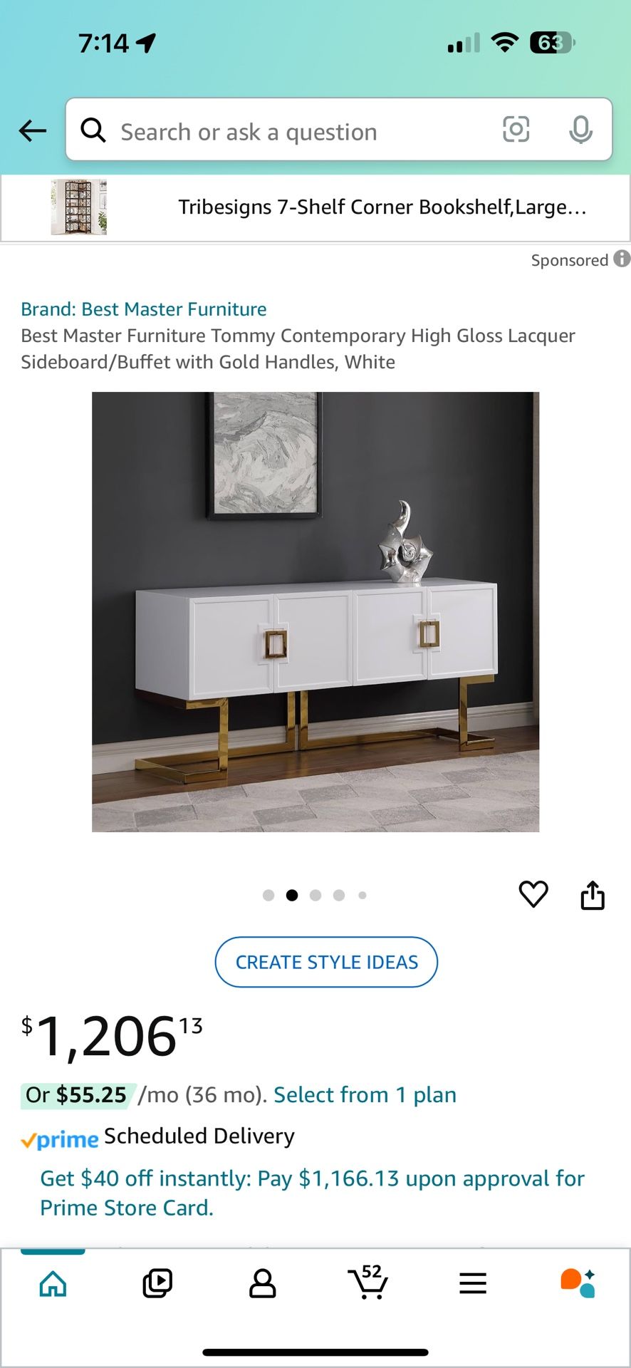 Best Master Furniture Tommy Contemporary High Gloss Lacquer Sideboard/Buffet with Gold Handles, White