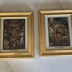 Two (2) Diego Rivera Framed Print art 1-Mother & Child  2- Corn Harvest.  Gold Frame 11x13”