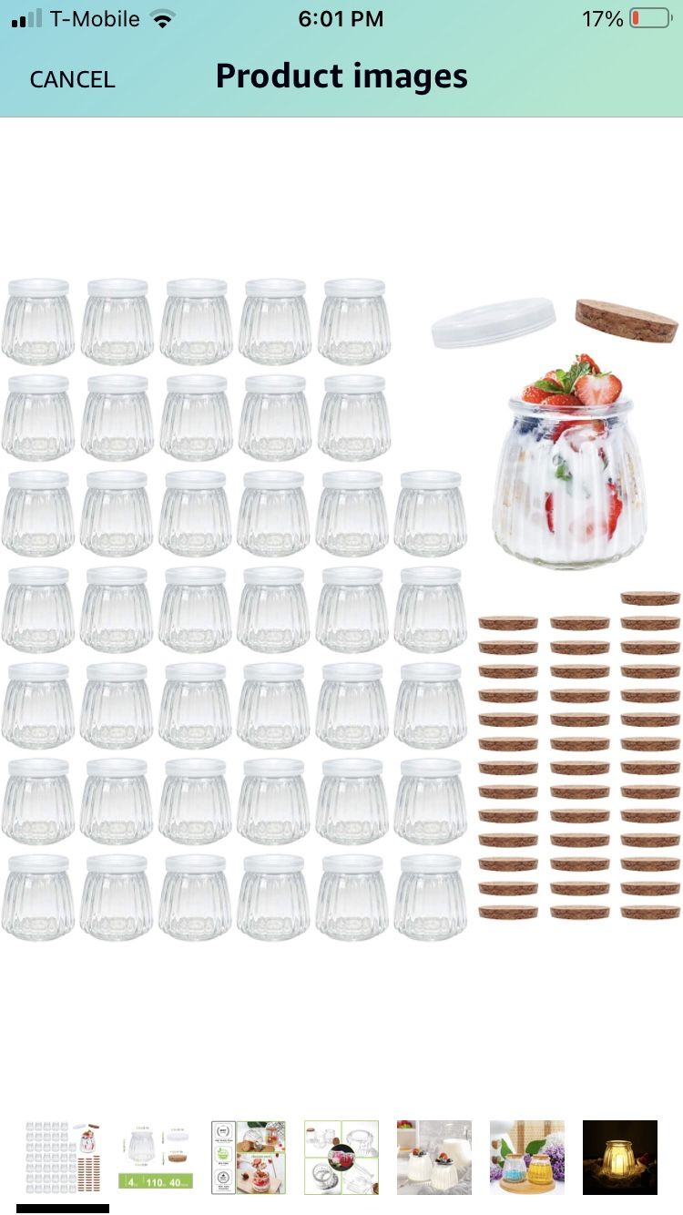 Mini Yogurt Jars 40 Pack, 4 oz Glass Pudding Favor Jars with Cork Lids and PE Lids, Glass Pudding jars, Glass Containers , Mason Jar Wedding Favors Ho