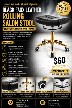 Black Faux Leather Rolling Salon Stool
