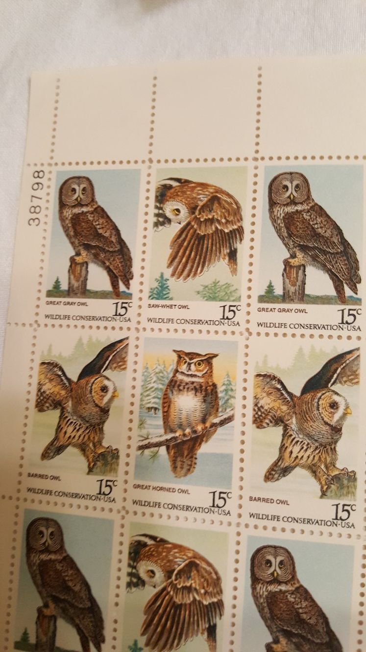 1978 U.S. ‘Wildlife Conservation’ 15 cent Stamps - Sheet of 50 - Owls 4 designs