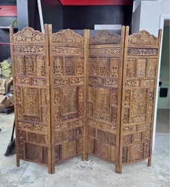 Vintage Hand-Carved Indian 4-Panel Folding Room Divider Screen – Ornate Teak Wood Privacy Screen