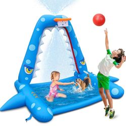 JOSEN Sprinkler for Kids Outdoor Play, Giant Inflatable Shark Water Toys Splash Pad with Basketball Hoop,