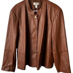Talbots leather jacket size 24w Woman Petite Brown Button Up Lined  comes from a pet free home.  Missing button in pocket needs to be sown .  Measurem