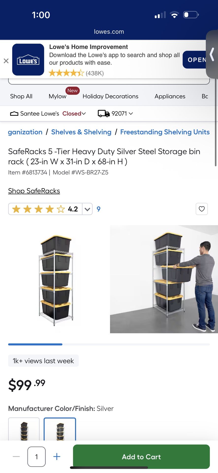 5 Tier Heavy Duty Silver Steel Storage Bin Rack