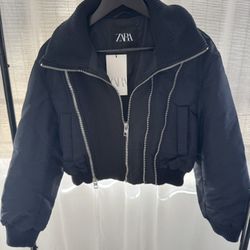 Zara - Navy Blue Zippered Bomber Jacket, Small