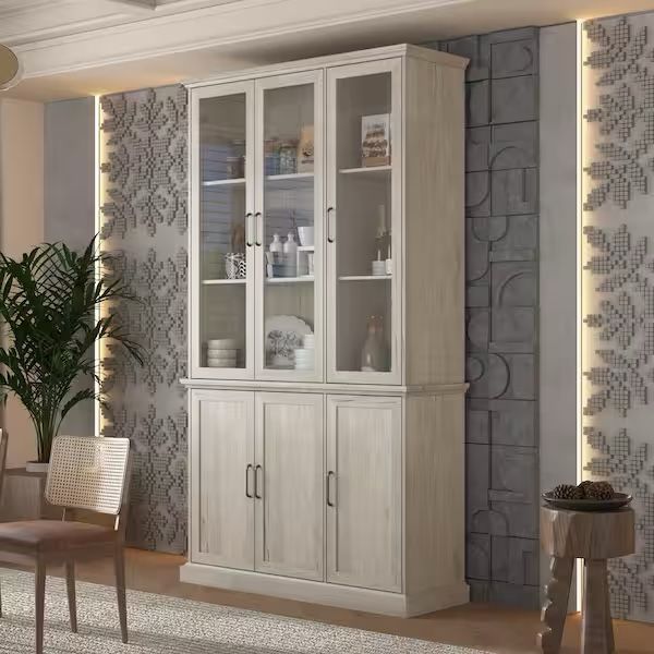 Vintage style Beige Wood Grain Wooden 46.3 in. W Sideboard, Bookcase, Storage Cabinet with 10 Shelves & 6 Doors