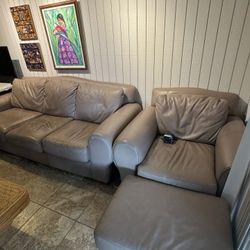 Brown Leather Living Room Set — Couch, Love Seat & Chair w/ Ottoman