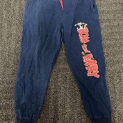 Tom And Jerry Sweatpants Jogger Pants Womens L Blue Drawstring Mid Rise Pockets