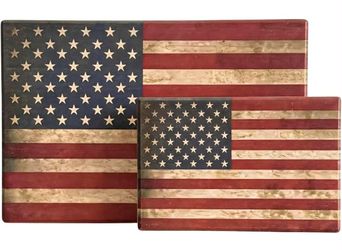 Set of 2 Vintage Wooden American Flags – Rustic Patriotic Wall & Table Decor