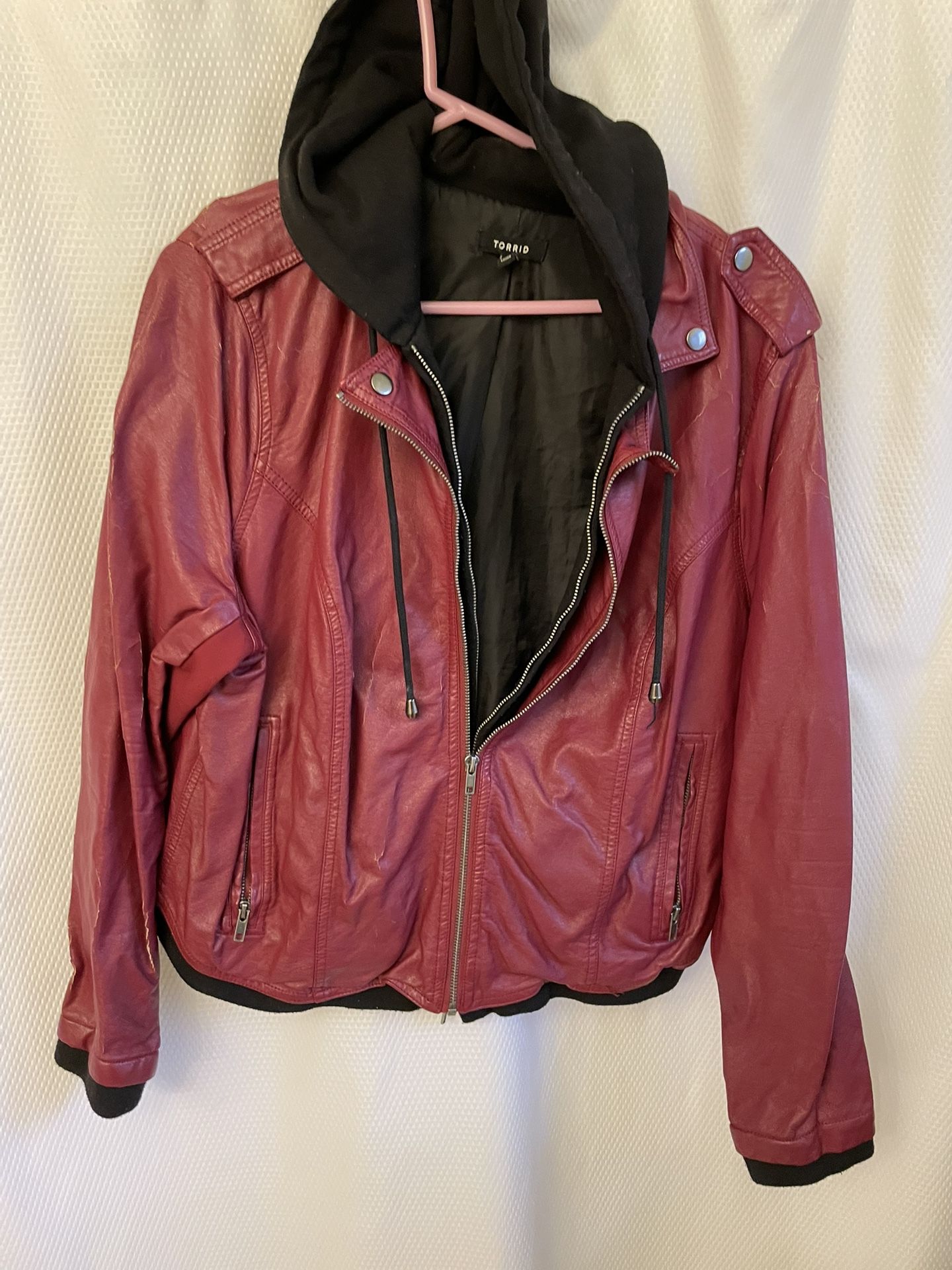Faux Leather Knot Hood Moto Jacket Size 2Xl