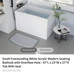 Small Freestanding White Acrylic Modern Soaking Bathtub with Overflow Hole - 47"L × 23"W × 27"H Tub With Seat
