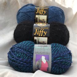 Lion Brand Jiffy In Blue And Black. Caron Simply Soft In Soft Merino