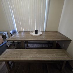 Nice Gray Wood Table W Bench And Chairs 
