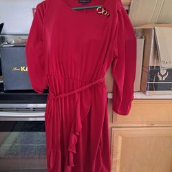 Adrienne Vittadini red 3/4 sleeve dress featuring an asymmetrical flounce and a belted waist.