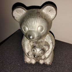 Vintage Silver plated Teddy Bear and Cub Coin Bank Very good condition Collectable