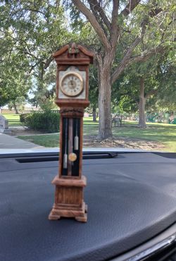 VINTAGE CALIFORNIA PERFUME Co DOLL HOUSE MINIATURE MINI GRANDFATHER CLOCK 7.5” x 1”. Clock runs off of watch battery..asking $25.00