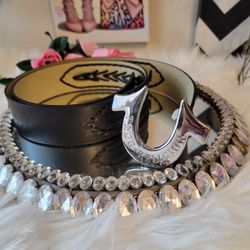 True Religion Womens Horseshoe Stitching Belt Black 

