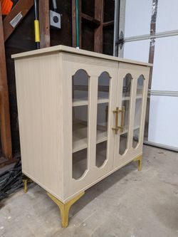 Light Wood Glass Door Cabinet with Gold Hardware
