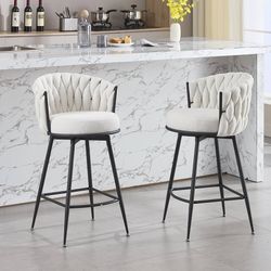BFZ Bar Stools Set of 2 for Kitchen Counter, 26 inch Modern Fabric Counter Height Barstools, 360°Swivel Bar Chairs Stools with Woven Back and Footrest