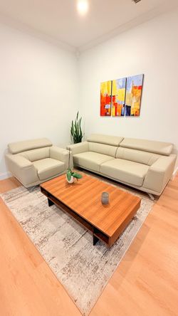 Light Gray Leather Sofa and Armchair Set