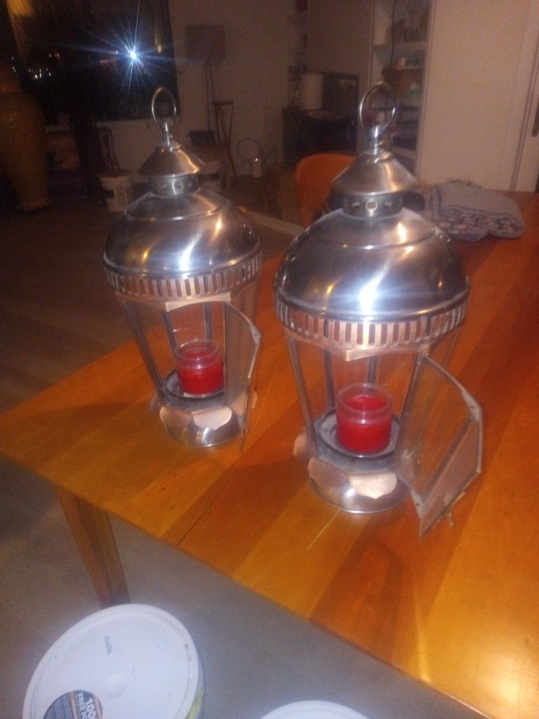 2 Silver And Brass Candle Lanterns